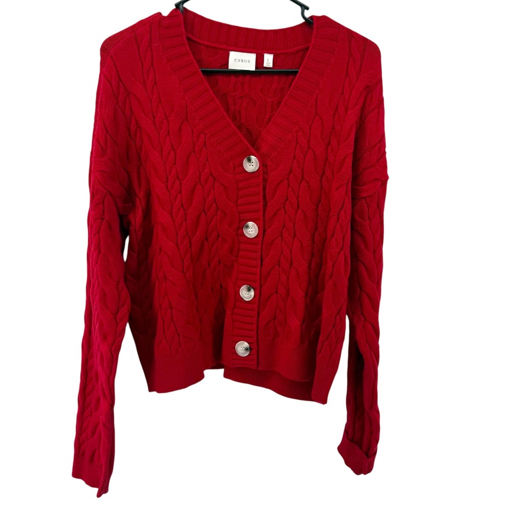 Cyrus Womens Red Cable Knit V-Neck Button Front Cardigan Sweater Large